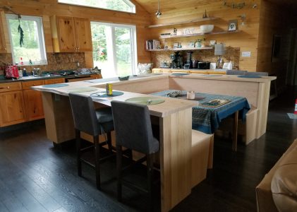 Repurposed cabinets with a new booth island