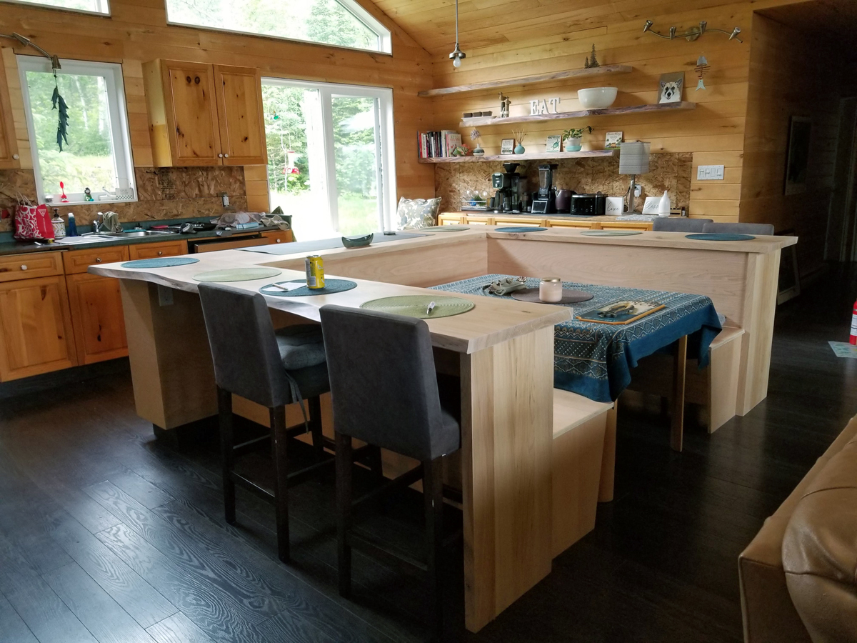 Repurposed cabinets with a new booth island